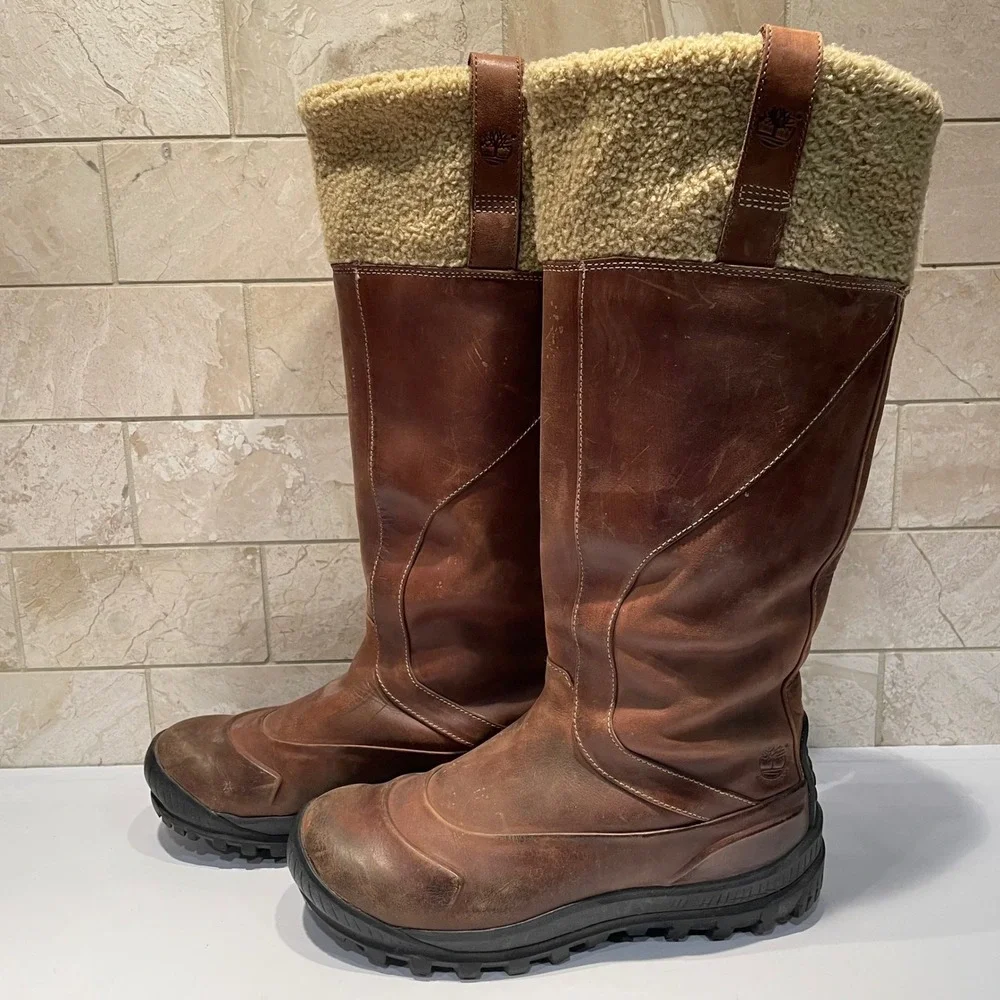 Timberland Brown Leather Faux Shearling Tall Winter Boots Womens 7M